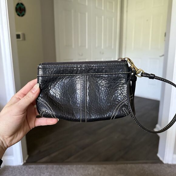 Coach Black Pebbled Leather Wristlet Corset Laced Braided Accent Contrast Stitch - Picture 2 of 8